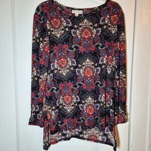 Dana Buchman Long Sleeve Paisley Blouse Sz L Gold Flecks Silver Hoop Cuff Accent